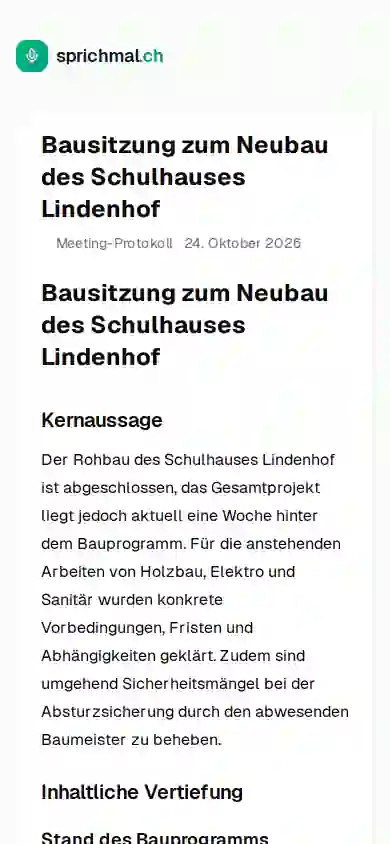 Leseansicht eines geteilten Links: Zusammenfassung der Bausitzung zum Neubau des Schulhauses Lindenhof, geöffnet ohne Anmeldung