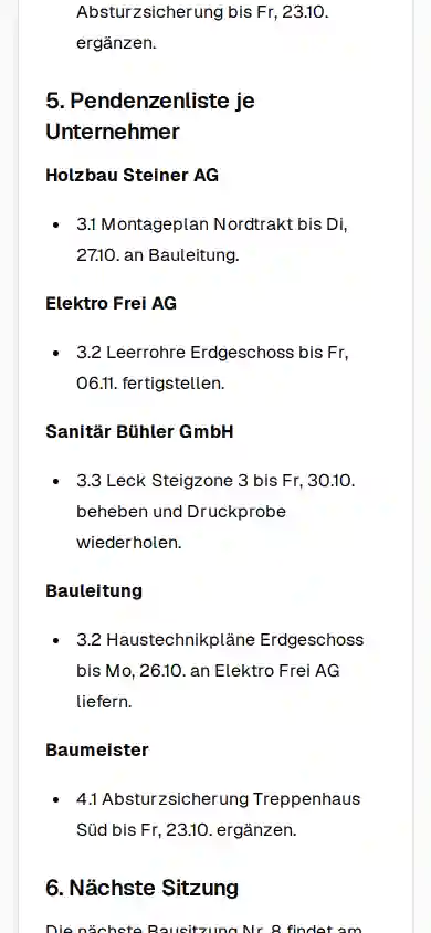 Handy-Screenshot aus sprichmal: Pendenzenliste je Unternehmer aus dem Bauprotokoll, etwa Holzbau Steiner AG und Elektro Frei AG mit Aufgabe und Termin