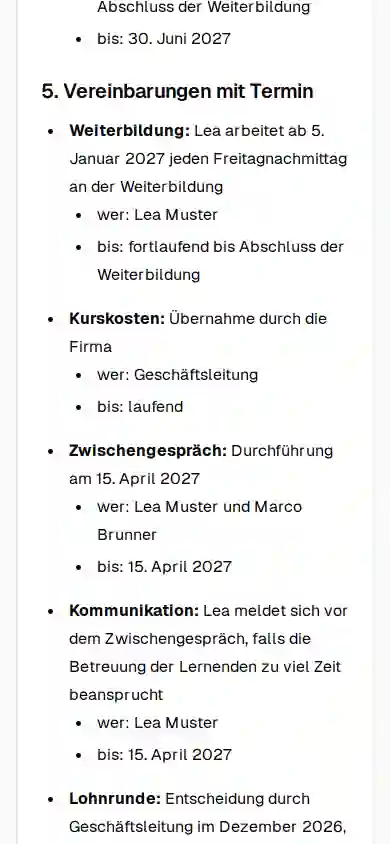 Handy-Screenshot aus sprichmal: Protokoll eines Jahresgesprächs mit Vereinbarungen, je mit verantwortlicher Person und Termin