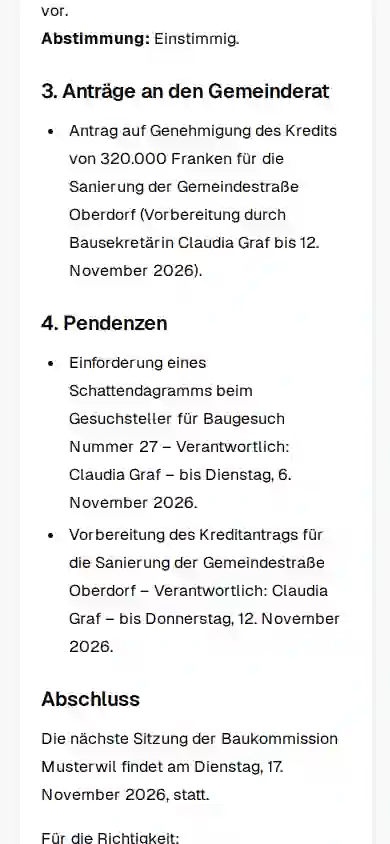 Handy-Screenshot aus sprichmal: Beschlussprotokoll der Baukommission Musterwil mit Anträgen an den Gemeinderat und Pendenzen mit Termin