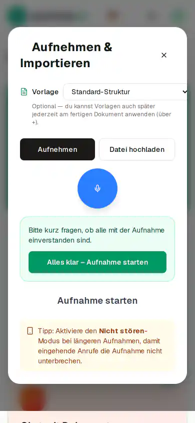 Handy-Screenshot der App: Hinweis «Bitte kurz fragen, ob alle mit der Aufnahme einverstanden sind» mit Knopf «Alles klar – Aufnahme starten»