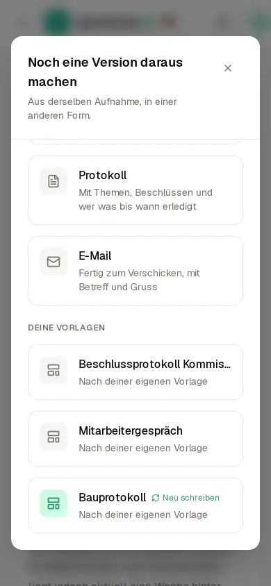 Handy-Screenshot der App: Fenster «Noch eine Version daraus machen» mit der eigenen Vorlage «Bauprotokoll» unter «Deine Vorlagen»