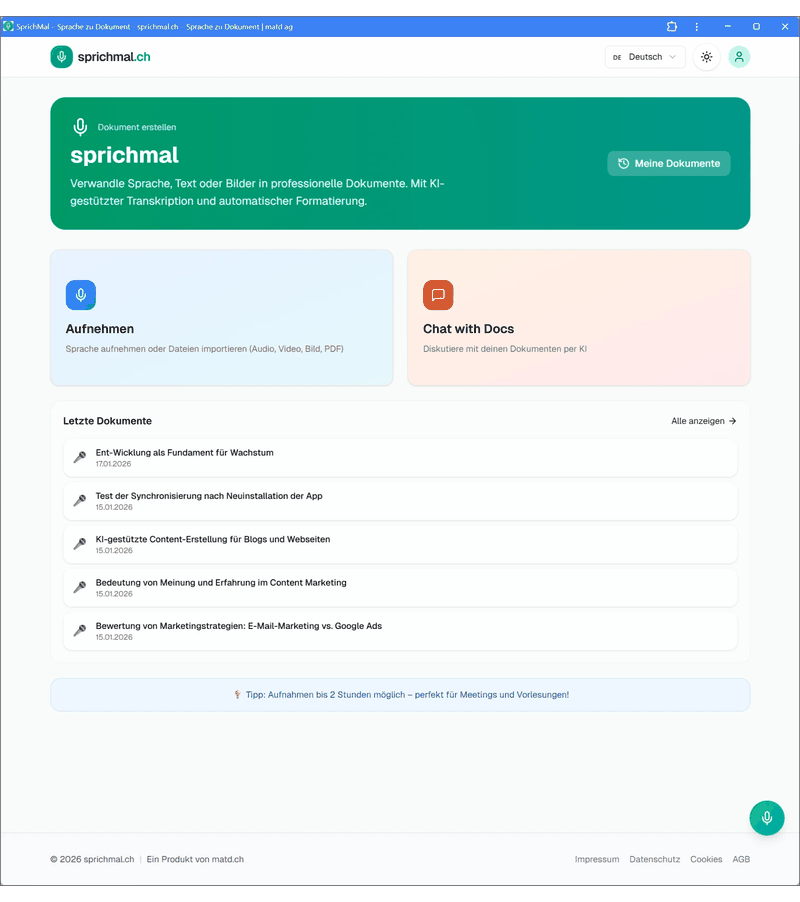 SprichMal Demo - Sprache zu Dokument